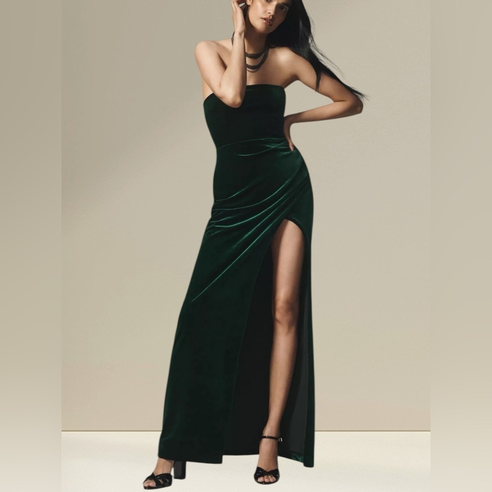 BHLDN Luella Emerald Green Strapless Velvet Maxi Dress L – Side Slit Formal Gown